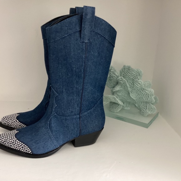 Karl Lagerfeld Cowboy very Taylor Swift Denim Boots Crystal Embellishment - Picture 6 of 9